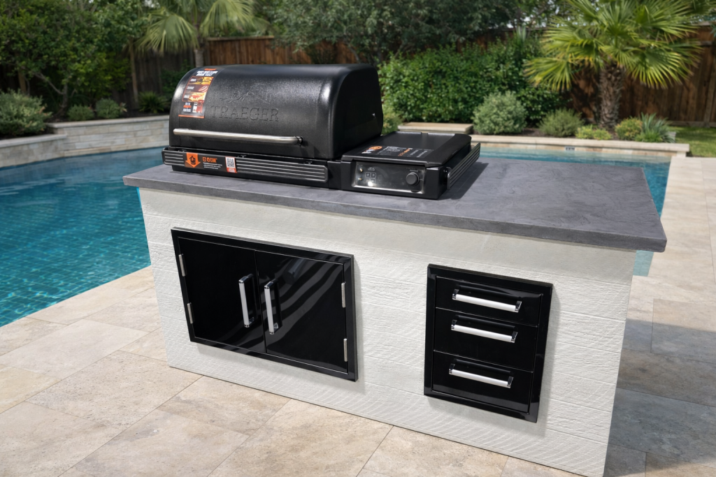 Poolside outdoor kitchen island with a black Traeger grill on a gray countertop, black cabinet door on the left and a three-drawer unit on the right beside a pool and palm trees.