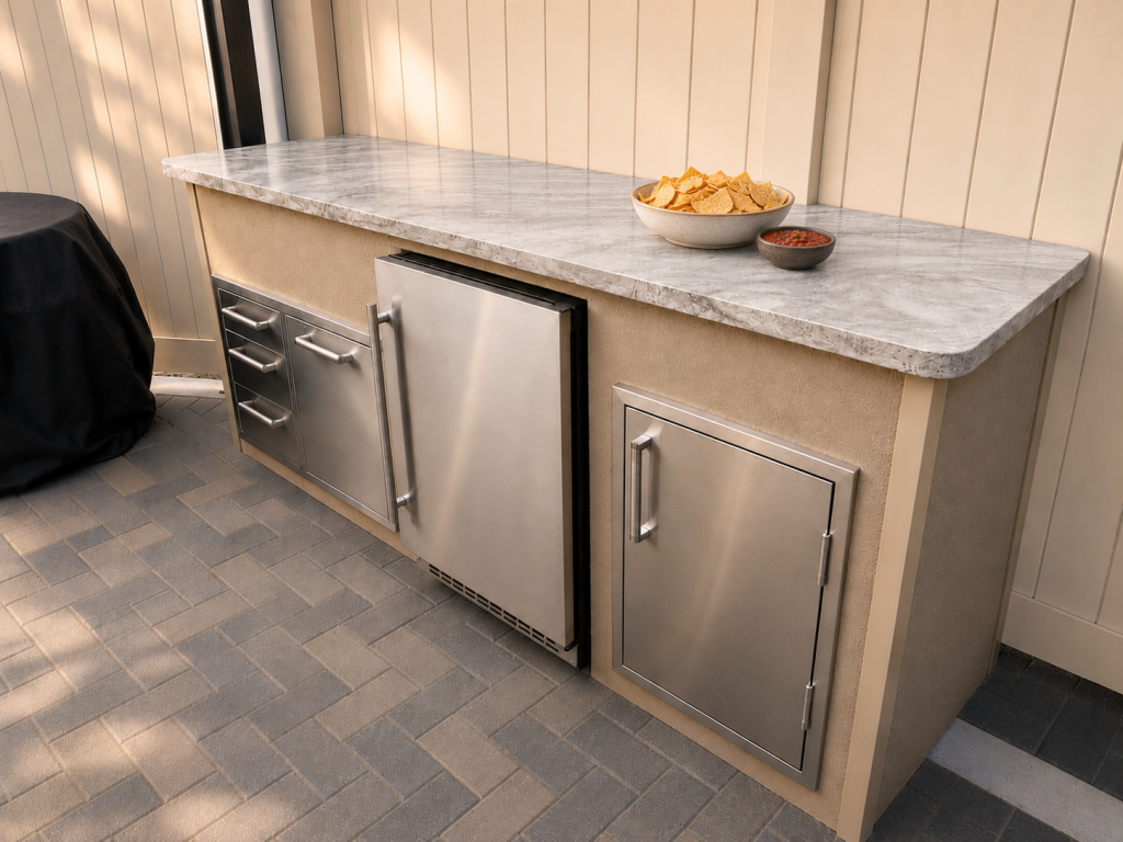 Marble-topped outdoor bar with stainless steel drawers, fridge, and a cabinet; bowls of chips and salsa on the counter.