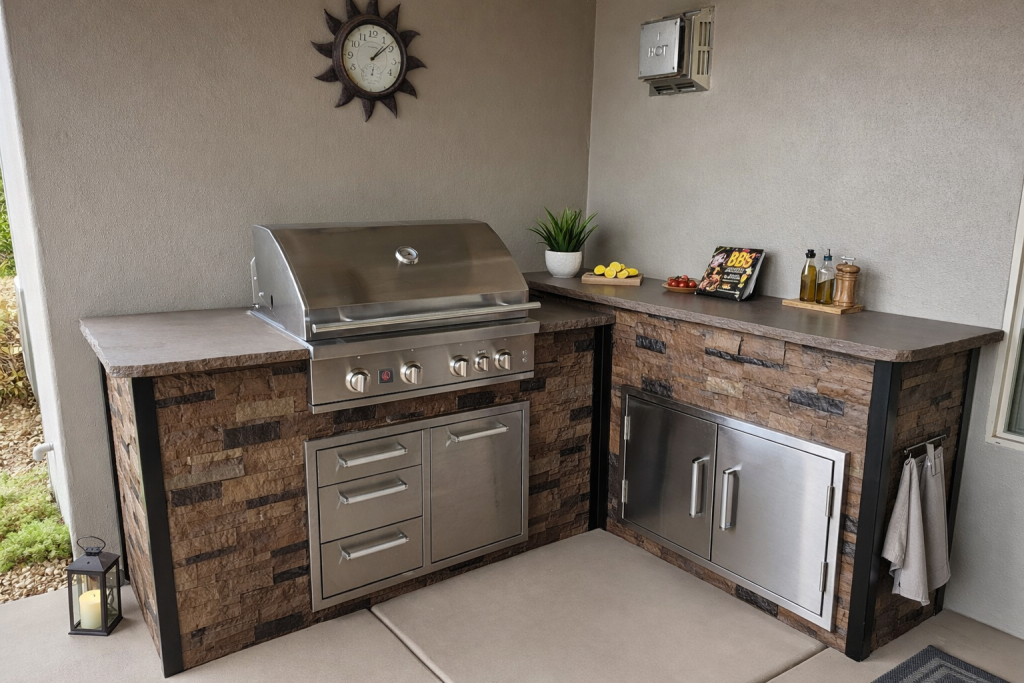 Outdoor stainless gas grill set into a stone-front counter with drawers and storage, plant and lemons on the counter and a clock on the wall.