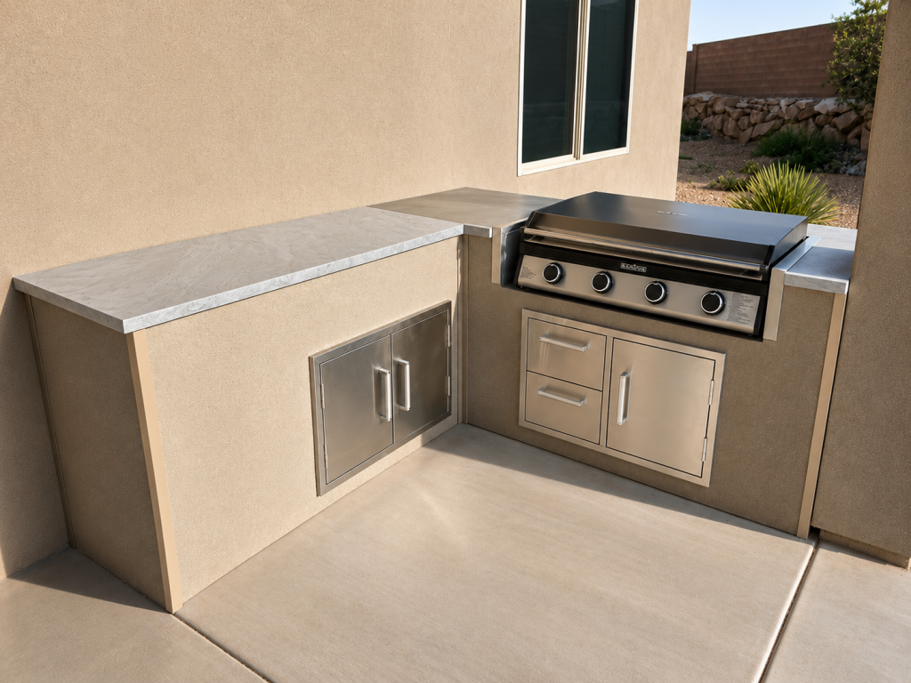 Outdoor stainless-steel grill with side counter and drawers in a built-in kitchen area against beige stucco wall; desert landscaping visible nearby