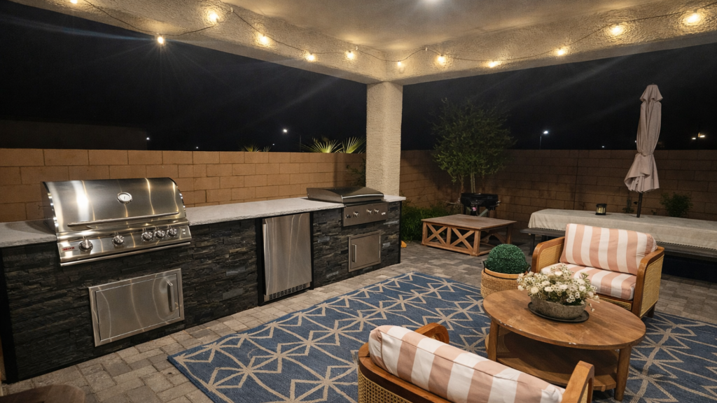 Outdoor kitchen and lounge area at night with a stainless steel grill, stone counters, and string lights above.