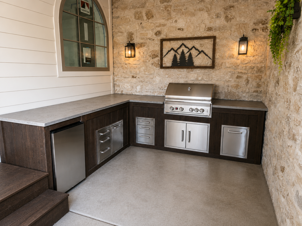 Outdoor kitchen corner with stainless steel grill, dark wood cabinets, and light stone wall