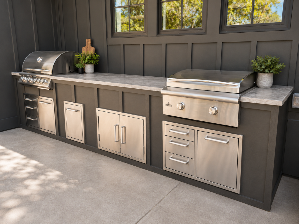 Outdoor stainless steel grill station with storage cabinets and a marble countertop along a dark paneled wall, with potted plants on the counter.